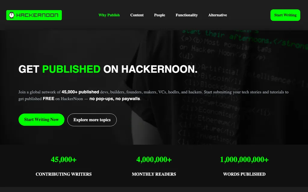HackerNoon free publishing page, captured August 2026