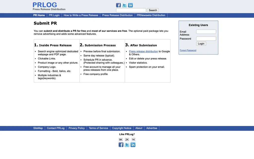 PRLog free press release submission page, captured August 2026