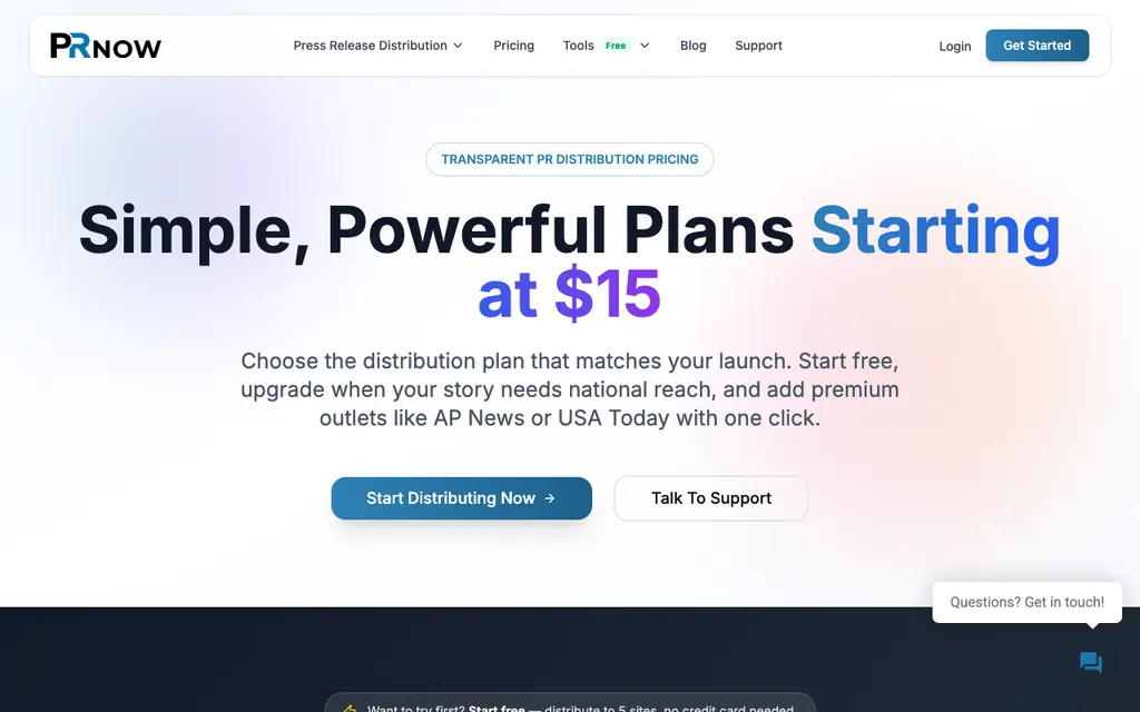 PRNow pricing page, plans from $15