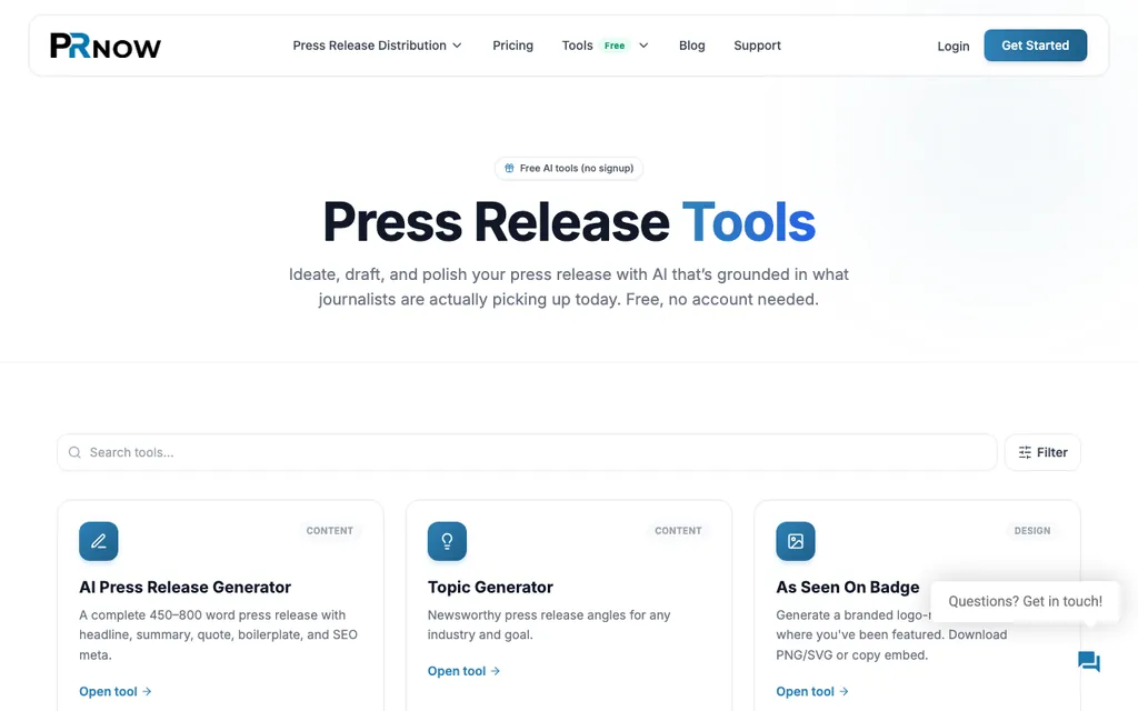 PRNow free SEO and AI tools page