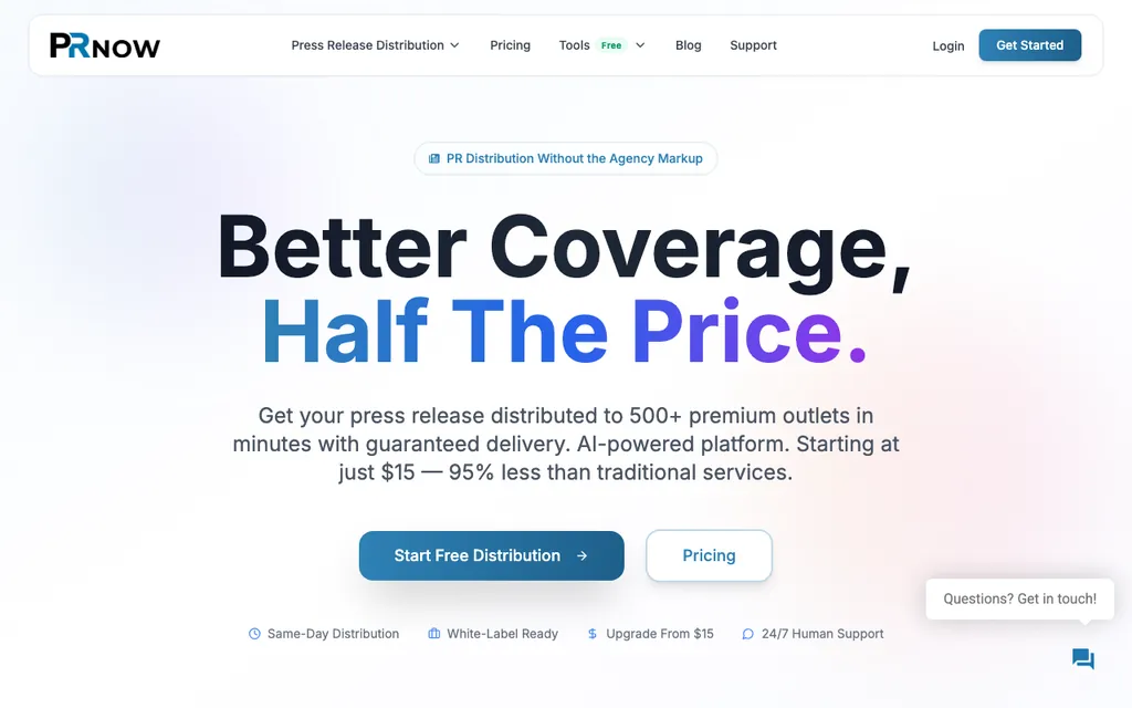 PRNow homepage, captured August 2026