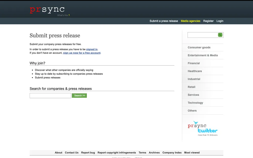 PRSync free press release submission page, captured August 2026