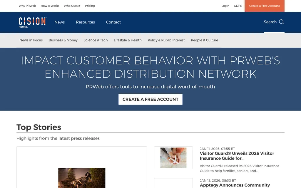 PRWeb homepage, captured August 2026